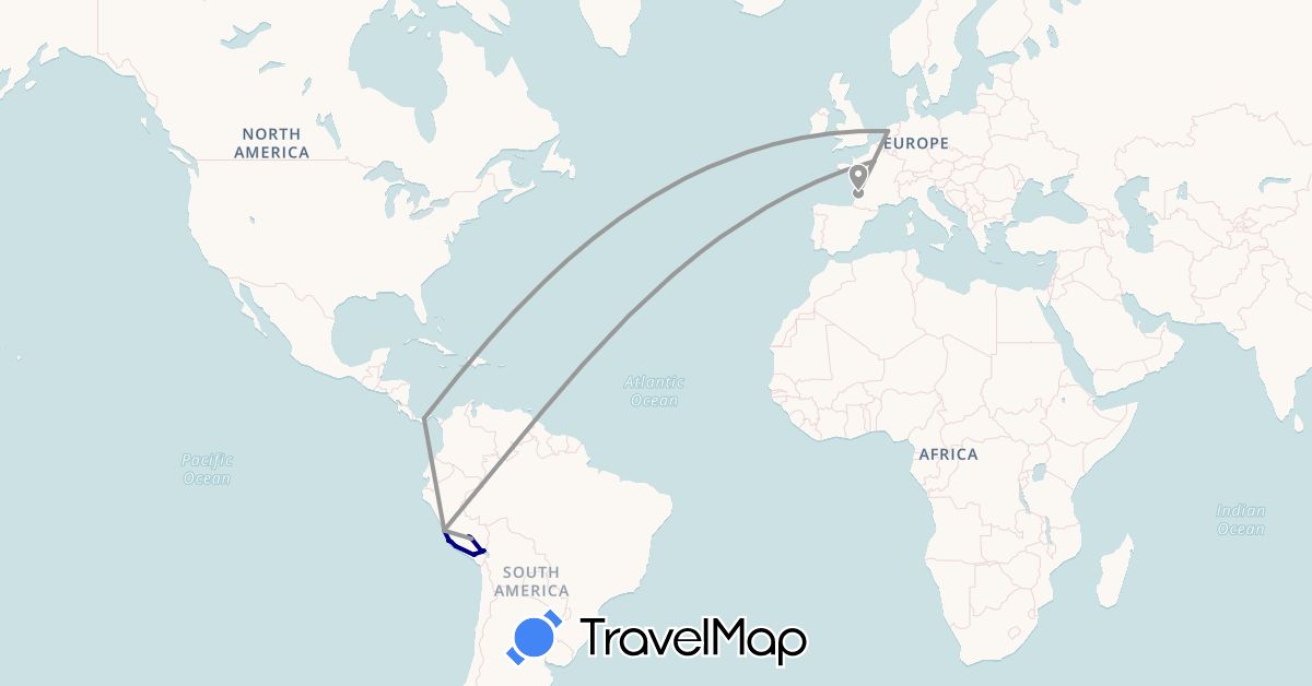 TravelMap itinerary: driving, plane in France, Netherlands, Panama, Peru (Europe, North America, South America)